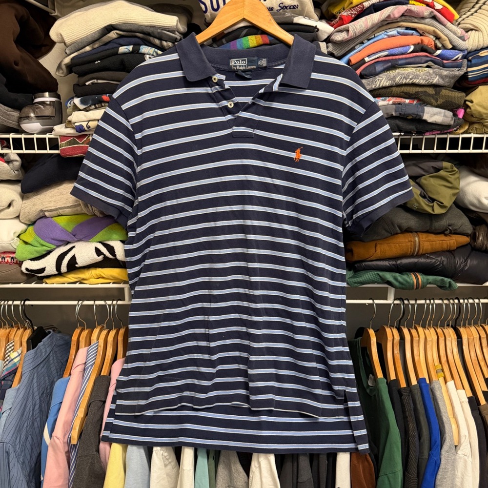 Polo‎ Ralph Lauren Polo Mens XL Blue Striped Custom Fit Short Sleeve Pony Logo